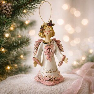 Blue Sky Clayworks Sisters Angel Bell Ornament VTG Ceramic Signed Keepsake Gift